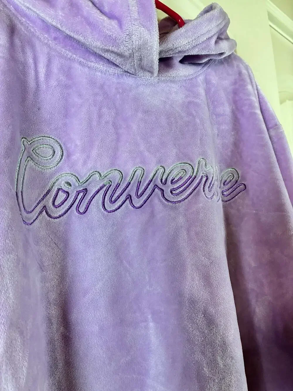 Converse Purple Velour Cursive Logo Pullover Hoodie Kids Size L 12-13 Yrs